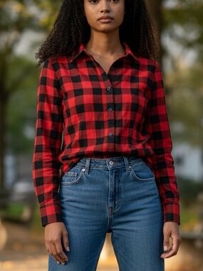 Hot touch Red and Black Plaid Button-Down Shirt - Classic Casual Top Size XS